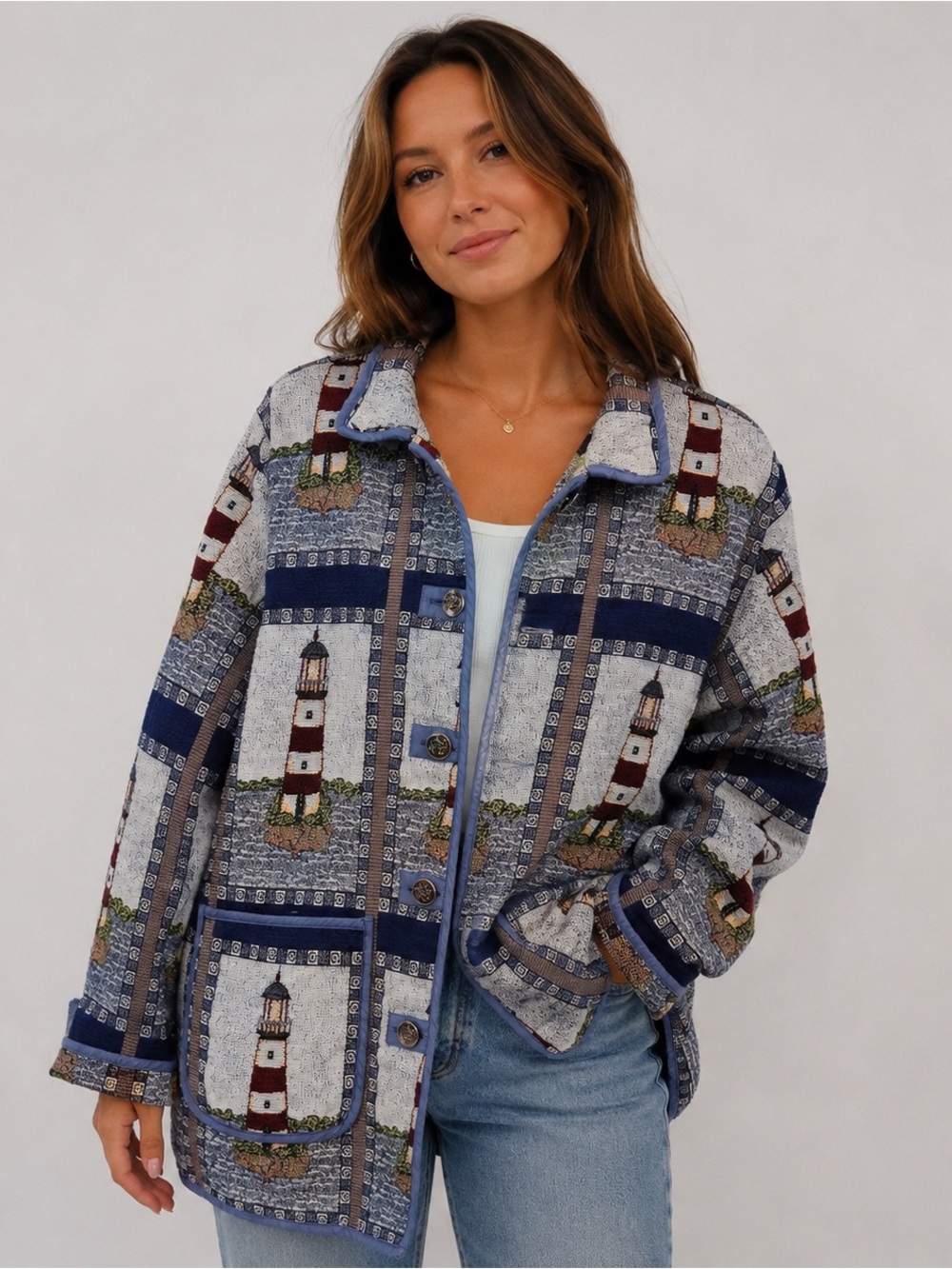 Blair Lighthouse Patchwork Jacket L Tapestry New England Embroidered Americana